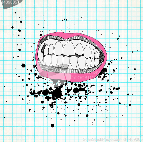 Image of Sketch of the lips and teeth on the school paper. Grunge backgro