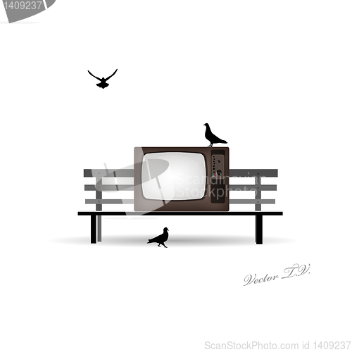 Image of Retro TV on the bench and pigeons