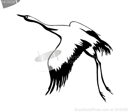 Image of vector silhouette flying crane on white background