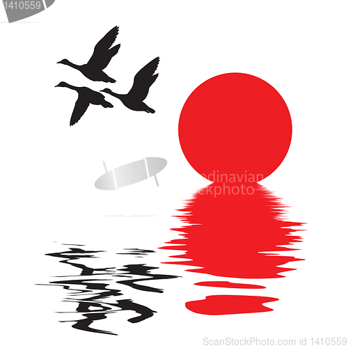 Image of vector silhouette flying ducks on white background