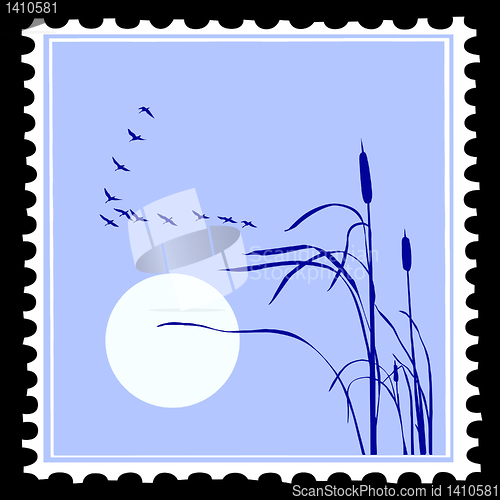 Image of vector silhouette of the birds on postage stamps