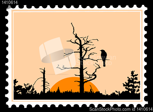 Image of vector silhouette of the bird on tree on postage stamps