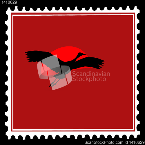 Image of flying crane on postage stamps. vector
