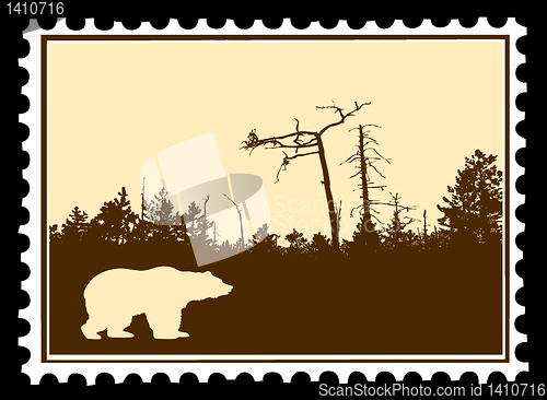 Image of vector silhouette bear on postage stamps