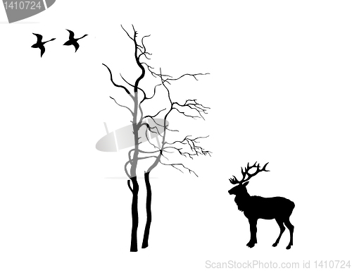 Image of vector silhouette deer near tree on white background