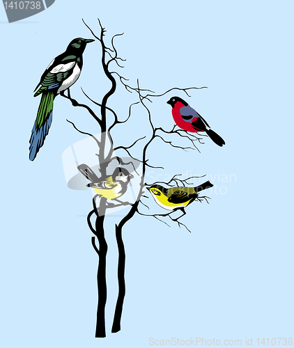Image of vector silhouette of the birds on tree