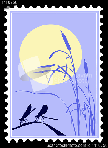 Image of vector silhouette dragonfly on postage stamps