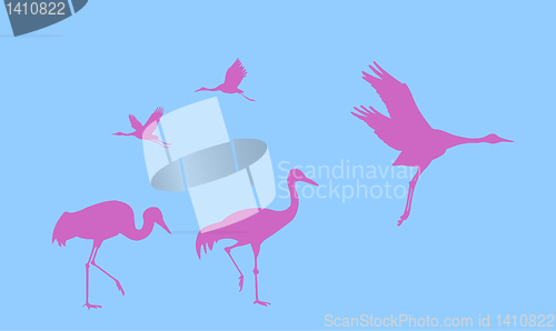 Image of vector silhouette of the cranes on blue background