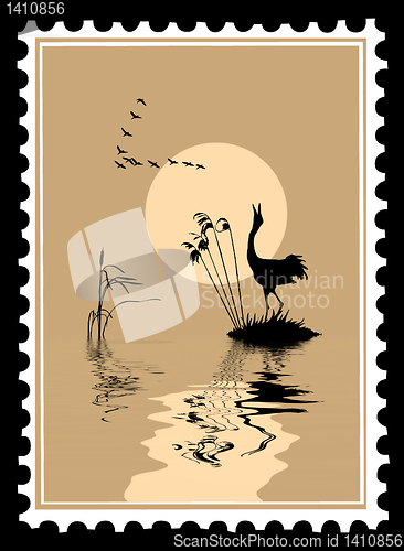 Image of vector silhouette of the birds on postage stamps