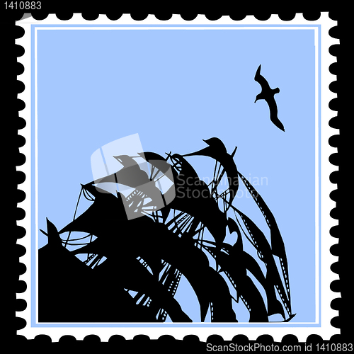 Image of vector silhouette sailfish on postage stamp