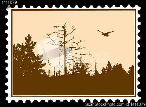 Image of vector silhouette of the bird on postage stamps