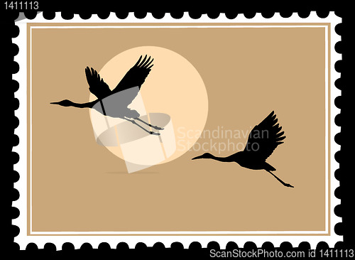 Image of flying crane on postage stamps. vector