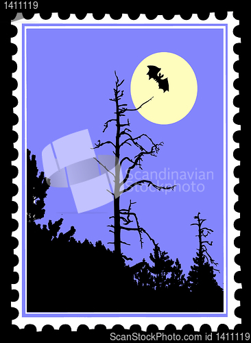 Image of vector silhouette to bat on postage stamps