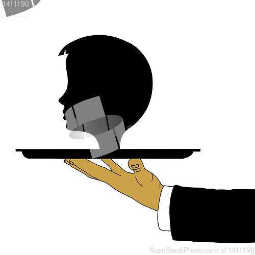 Image of vector hand of the waiter with head on tray