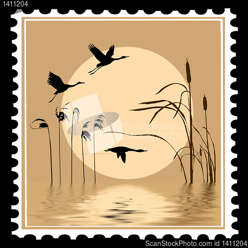 Image of vector silhouette flying birds on postage stamps