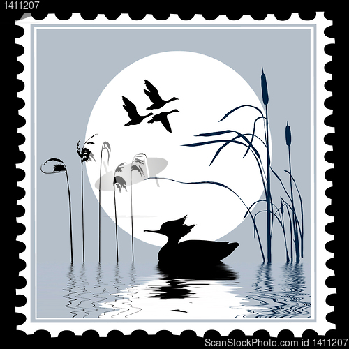 Image of vector silhouette bird on postage stamps