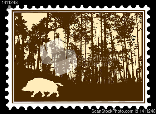 Image of vector silhouette of the wild boar in wood on postage stamps