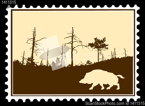 Image of vector silhouette wild boar on postage stamps