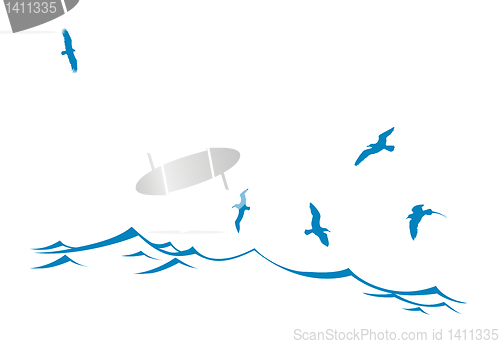 Image of vector silhouette of the sea birds on wave