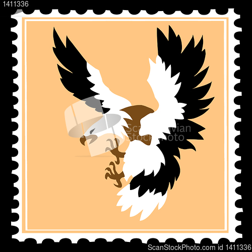 Image of vector silhouette of the ravenous bird on postage stamps