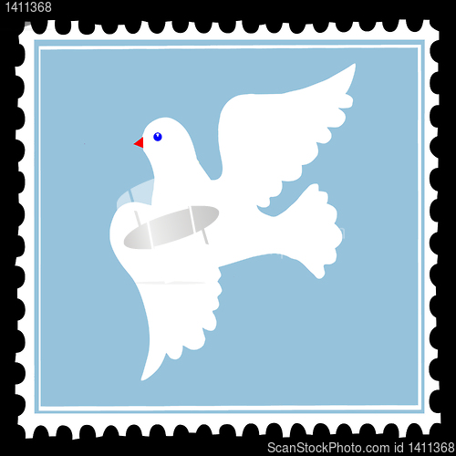 Image of white dove on blue postage stamps. vector