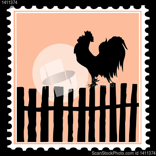 Image of vector silhouette of the cock on postage stamps