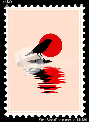 Image of vector silhouette of the bird on postage stamps