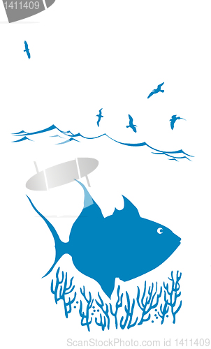 Image of vector silhouette of sea fish on white background