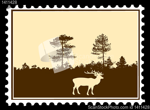 Image of vector silhouette deer on postage stamps