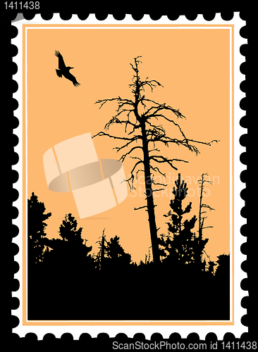 Image of vector silhouette flying birds on postage stamps