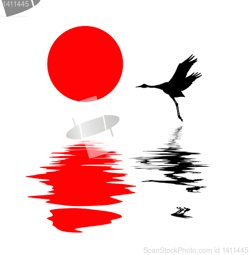 Image of vector silhouette of the crane on white background