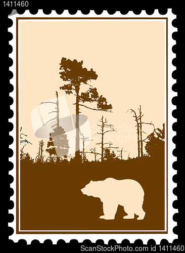 Image of vector silhouette bear in wood on postage stamps