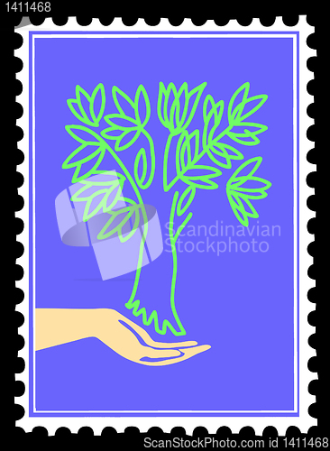 Image of vector silhouette tree in hand on postage stamps