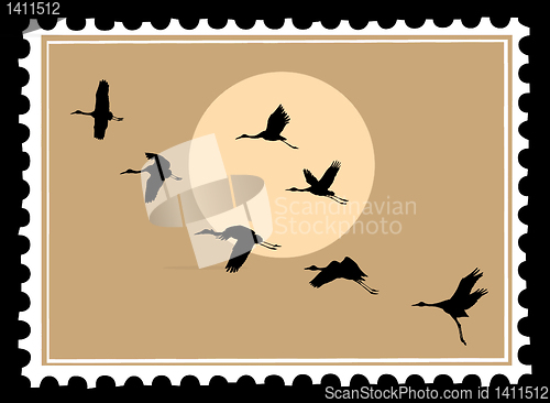 Image of vector silhouette flying cranes on postage stamps