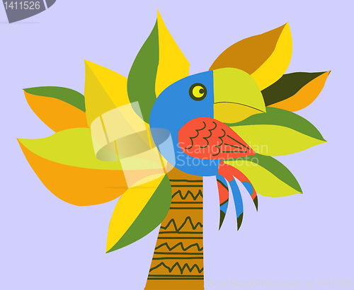 Image of vector drawing of the parrot on palm