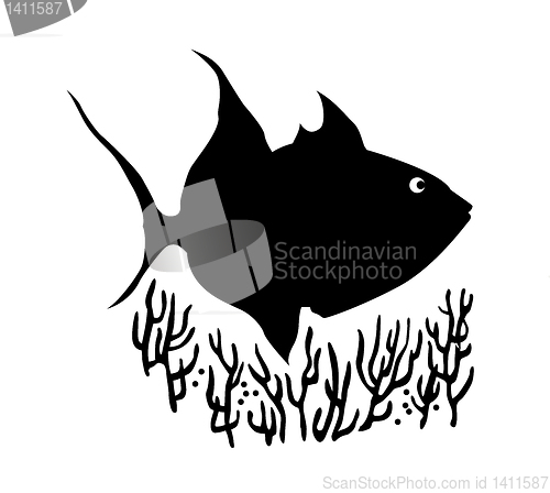 Image of vector silhouette of sea fish on white background