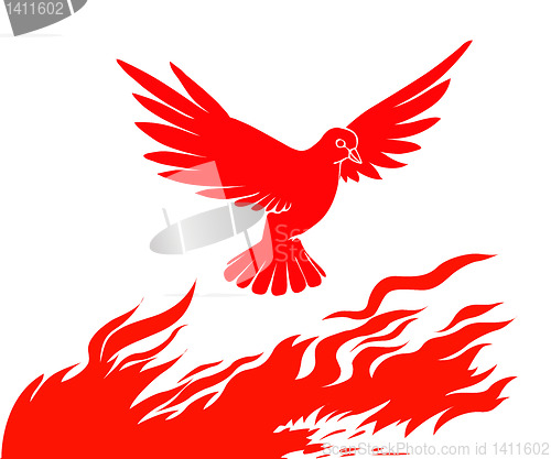 Image of vector silhouette of the bird on fire on white background