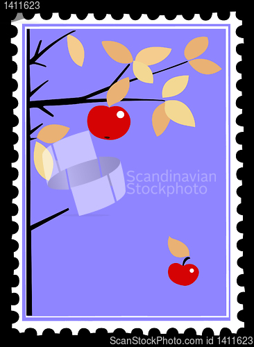 Image of apple on branch on postage stamps. vector 