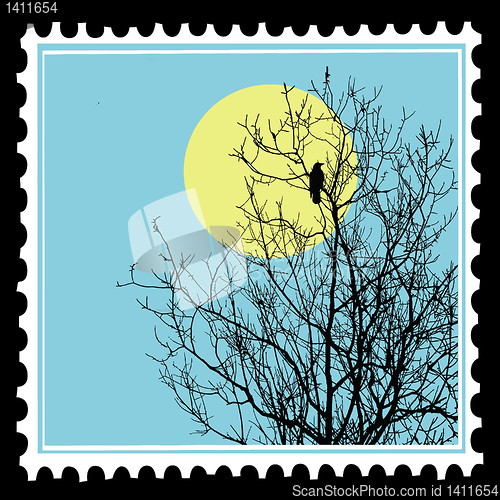 Image of vector silhouette ravens on tree on postage stamps