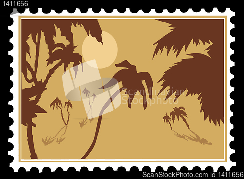 Image of vector tropical landscape on postage stamps