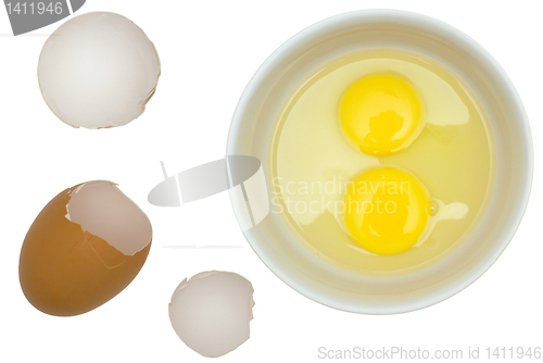 Image of Shell of eggs, crude eggs in a plate.