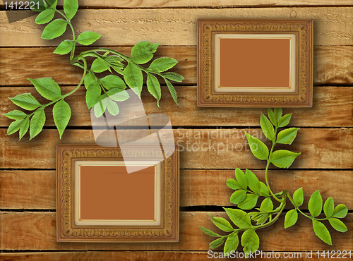 Image of frames on wooden wall