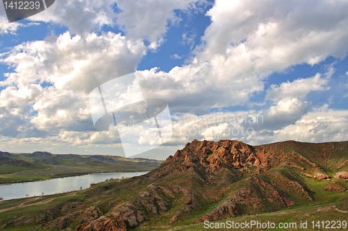 Image of landscape river mountain and cloudy sky