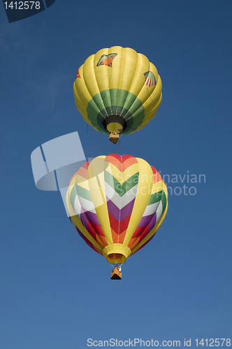 Image of Two hot-air balloons flying vertically aligned