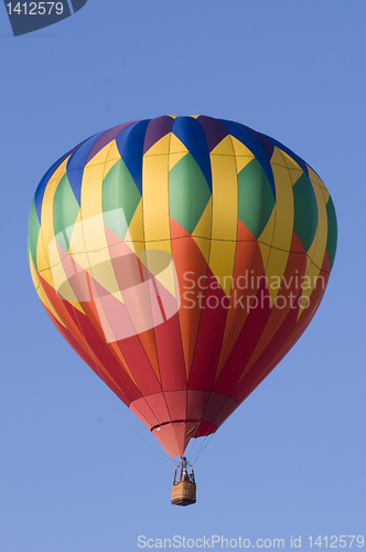 Image of Colorful hot-air balloon against blue sky