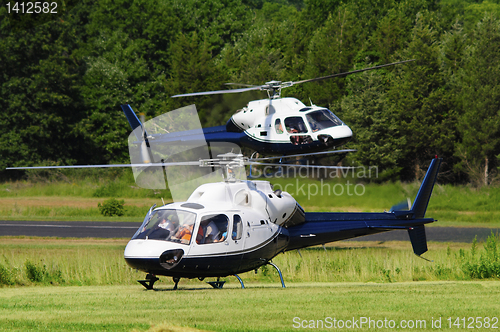 Image of Two helicopters landing in a field