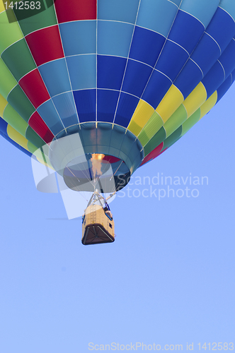 Image of Hot-air balloon floating with view of gondola and burner ignitio