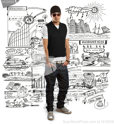 Image of stylish man in glasses looking at camera