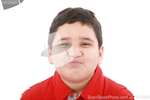 Image of Funny child with red shirt isolated on white background 