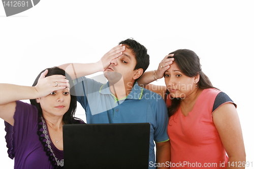 Image of domestic life: group of friends having problems with computers 